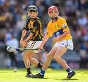 2 July 2022; Liam Mulhare, St Mary’s NS Castle St, Cloghan, Offaly, representing Kilkenny, and Fiachra O Cinnseala, Gaelscoil na Cruaiche Br. An Chúrsa Ghailf, Cathair na Mart Maigh Eo, representing Clare, during the INTO Cumann na mBunscol GAA Respect Exhibition Go Games at half-time of the GAA Hurling All-Ireland Senior Championship Semi-Final match between Kilkenny and Clare at Croke Park in Dublin. Photo by Stephen McCarthy/Sportsfile