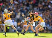 2 July 2022; Liam Mulhare, St Mary’s NS Castle St, Cloghan, Offaly, representing Kilkenny, and Fiachra O Cinnseala, Gaelscoil na Cruaiche Br. An Chúrsa Ghailf, Cathair na Mart Maigh Eo, representing Clare, during the INTO Cumann na mBunscol GAA Respect Exhibition Go Games at half-time of the GAA Hurling All-Ireland Senior Championship Semi-Final match between Kilkenny and Clare at Croke Park in Dublin. Photo by Stephen McCarthy/Sportsfile