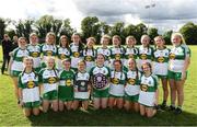 2 July 2022; Aoife Morris captain of Portlaois Co Laois lifts the shield as her team-mates celebrate after the Shield Final between Portlaois Co Laois and Blessington Co Wicklow at the John West National Football Feile 2022 event at Kildare GAA Centre in Hawkfield, Kildare. Photo by Matt Browne/Sportsfile