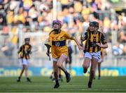 2 July 2022; Grace Gannon, Gaelscoil De hÍde, Cnoc na Cruibe, Br. Na Gaillimhe, Roscomáin, representing Clare, in action against Sally Ryan, Scoil Eoin Naofa, Ballymore, Mullingar, Westmeath, representing Kilkenny, during the INTO Cumann na mBunscol GAA Respect Exhibition Go Games at half-time of the GAA Hurling All-Ireland Senior Championship Semi-Final match between Kilkenny and Clare at Croke Park in Dublin. Photo by Ramsey Cardy/Sportsfile