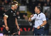 2 July 2022; Referee Karl Dickson speaks to New Zealand captain Sam Cane during the Steinlager Series match between the New Zealand and Ireland at Eden Park in Auckland, New Zealand. Photo by Brendan Moran/Sportsfile