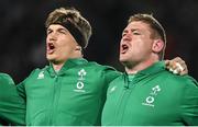 2 July 2022; Ireland players, from left, Josh van der Flier and Tadhg Furlong during the national anthems before the Steinlager Series match between the New Zealand and Ireland at Eden Park in Auckland, New Zealand. Photo by Brendan Moran/Sportsfile