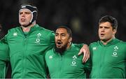 2 July 2022; Ireland players, from left, James Ryan, Bundee Ak and Dave Heffernan during the national anthems before the Steinlager Series match between the New Zealand and Ireland at Eden Park in Auckland, New Zealand. Photo by Brendan Moran/Sportsfile