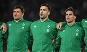 2 July 2022; Ireland players, from left, Dave Heffernan, Conor Murray and Joey Carbery  during the national anthems before the Steinlager Series match between the New Zealand and Ireland at Eden Park in Auckland, New Zealand. Photo by Brendan Moran/Sportsfile