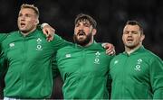 2 July 2022; Ireland players, from left, Kieran Treadwell, Tom O’Toole and Cian Healy during the national anthems before the Steinlager Series match between the New Zealand and Ireland at Eden Park in Auckland, New Zealand. Photo by Brendan Moran/Sportsfile