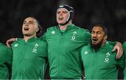 2 July 2022; Ireland players, from left, James Lowe, James Ryan and Bundee Aki during the national anthems before the Steinlager Series match between the New Zealand and Ireland at Eden Park in Auckland, New Zealand. Photo by Brendan Moran/Sportsfile