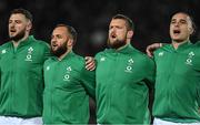 2 July 2022; Ireland players, from left, Robbie Henshaw, Jamison Gibson Park, Andrew Porter and James Lowe during the national anthems before the Steinlager Series match between the New Zealand and Ireland at Eden Park in Auckland, New Zealand. Photo by Brendan Moran/Sportsfile