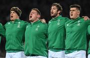 2 July 2022; Ireland players, from left, Josh van der Flier, Tadhg Furlong, Caelan Doris and Dan Sheehan during the national anthems before the Steinlager Series match between the New Zealand and Ireland at Eden Park in Auckland, New Zealand. Photo by Brendan Moran/Sportsfile