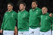 2 July 2022; Ireland players, from left, Jonathan Sexton, Peter O’Mahony, Tadhg Beirne and Keith Earls during the national anthems before the Steinlager Series match between the New Zealand and Ireland at Eden Park in Auckland, New Zealand. Photo by Brendan Moran/Sportsfile