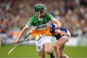 3 July 2022; Caelum Larkin of Offaly in action against Conor Martin of Tipperary during the Electric Ireland GAA Hurling All-Ireland Minor Championship Final match between Tipperary and Offaly at UPMC Nowlan Park, Kilkenny. Photo by Matt Browne/Sportsfile