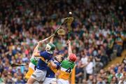 3 July 2022; Tom Delaney and Paddy McCormack of Tipperary in action against Brecon Kavanagh and Ruairi Kelly of Offaly during the Electric Ireland GAA Hurling All-Ireland Minor Championship Final match between Tipperary and Offaly at UPMC Nowlan Park, Kilkenny. Photo by Matt Browne/Sportsfile