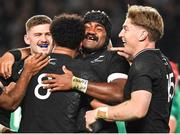 2 July 2022; Pita Gus Sowakula of New Zealand, 2nd from right, celebrates with teammates after scoring his side's sixth try during the Steinlager Series match between the New Zealand and Ireland at Eden Park in Auckland, New Zealand. Photo by Brendan Moran/Sportsfile