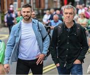 3 July 2022; Actor James Nesbitt and Antrim hurler Neil McManus, left, arrive for the GAA Hurling All-Ireland Senior Championship Semi-Final match between Limerick and Galway at Croke Park in Dublin. Photo by Stephen McCarthy/Sportsfile