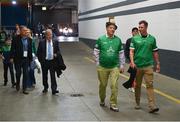 3 July 2022; Actor Bill Murray, golfer Adam Scott, right, businessman JP McManus and Peter McKenna, Stadium Director, Croke Park, left, arrive for the GAA Hurling All-Ireland Senior Championship Semi-Final match between Limerick and Galway at Croke Park in Dublin. Photo by Stephen McCarthy/Sportsfile