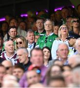 3 July 2022; Businessman JP McManus, centre, with guests, actor Bill Murray, right, and golfer Adam Scott in attendance during the GAA Hurling All-Ireland Senior Championship Semi-Final match between Limerick and Galway at Croke Park in Dublin. Photo by Sam Barnes/Sportsfile