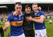3 July 2022; Tipperary manager James Woodlock celebrates with Adam Daly, left, and Tadhg Sheehan after the Electric Ireland GAA Hurling All-Ireland Minor Championship Final match between Tipperary and Offaly at UPMC Nowlan Park, Kilkenny. Photo by Matt Browne/Sportsfile
