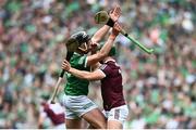 3 July 2022; Gearóid Hegarty of Limerick and Fintan Burke of Galway tussle during the GAA Hurling All-Ireland Senior Championship Semi-Final match between Limerick and Galway at Croke Park in Dublin. Photo by David Fitzgerald/Sportsfile