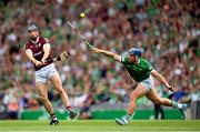 3 July 2022; Conor Cooney of Galway in action against Mike Casey of Limerick during the GAA Hurling All-Ireland Senior Championship Semi-Final match between Limerick and Galway at Croke Park in Dublin. Photo by Stephen McCarthy/Sportsfile