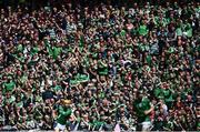 3 July 2022; Limerick supporters celebrate a score by Séamus Flanagan during the GAA Hurling All-Ireland Senior Championship Semi-Final match between Limerick and Galway at Croke Park in Dublin. Photo by David Fitzgerald/Sportsfile