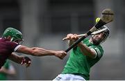 3 July 2022; Graeme Mulcahy of Limerick has his shot blocked down by David Burke of Galway during the GAA Hurling All-Ireland Senior Championship Semi-Final match between Limerick and Galway at Croke Park in Dublin. Photo by Piaras Ó Mídheach/Sportsfile