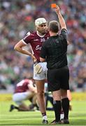 3 July 2022; Jason Flynn of Galway is shown a yellow card by referee Thomas Walsh during the GAA Hurling All-Ireland Senior Championship Semi-Final match between Limerick and Galway at Croke Park in Dublin. Photo by Sam Barnes/Sportsfile