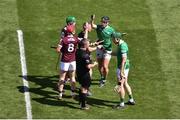 3 July 2022; Galway players, Ronan Glennon, and David Burke, shake hands with Limerick players, Darragh O'Donovan, left, and William O'Donoghue and referee Thomas Walsh ahead of the GAA Hurling All-Ireland Senior Championship Semi-Final match between Limerick and Galway at Croke Park in Dublin. Photo by Daire Brennan/Sportsfile