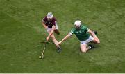 3 July 2022; Daithí Burke of Galway in action against Aaron Gillane of Limerick during the GAA Hurling All-Ireland Senior Championship Semi-Final match between Limerick and Galway at Croke Park in Dublin. Photo by Daire Brennan/Sportsfile