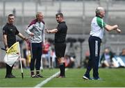 3 July 2022; Galway manager Henry Shefflin remonstrates with referee Thomas Walsh during the GAA Hurling All-Ireland Senior Championship Semi-Final match between Limerick and Galway at Croke Park in Dublin. Photo by David Fitzgerald/Sportsfile