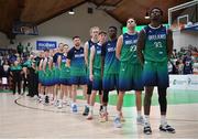 3 July 2022; Aidan Harris Igiehon of Ireland and teammates during the playing of the National Anthem before the FIBA EuroBasket 2025 Pre-Qualifier First Round Group A match between Ireland and Switzerland at National Basketball Arena in Dublin. Photo by Ramsey Cardy/Sportsfile