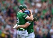 3 July 2022; Limerick players William O'Donoghue, left, and Mike Casey celebrate after their side's victory in the GAA Hurling All-Ireland Senior Championship Semi-Final match between Limerick and Galway at Croke Park in Dublin. Photo by Piaras Ó Mídheach/Sportsfile