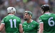 3 July 2022; Seán Finn of Limerick, centre, celebrates with teammates Kyle Hayes, left, and Declan Hannon after their side's victory in the GAA Hurling All-Ireland Senior Championship Semi-Final match between Limerick and Galway at Croke Park in Dublin. Photo by Piaras Ó Mídheach/Sportsfile