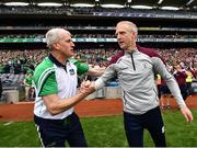 3 July 2022; Limerick manager John Kiely, left, and Galway manager Henry Shefflin shake hands after the GAA Hurling All-Ireland Senior Championship Semi-Final match between Limerick and Galway at Croke Park in Dublin. Photo by David Fitzgerald/Sportsfile
