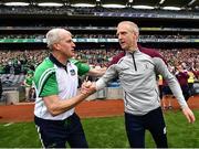 3 July 2022; Limerick manager John Kiely, left, and Galway manager Henry Shefflin shake hands after the GAA Hurling All-Ireland Senior Championship Semi-Final match between Limerick and Galway at Croke Park in Dublin. Photo by David Fitzgerald/Sportsfile