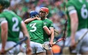 3 July 2022; Limerick players Barry Nash, right, and Mike Casey celebrate after their side's victory in the GAA Hurling All-Ireland Senior Championship Semi-Final match between Limerick and Galway at Croke Park in Dublin. Photo by Piaras Ó Mídheach/Sportsfile