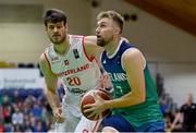 3 July 2022; Sean Flood of Ireland in action against Arnaud Cotture of Switzerland during the FIBA EuroBasket 2025 Pre-Qualifier First Round Group A match between Ireland and Switzerland at National Basketball Arena in Dublin. Photo by Ramsey Cardy/Sportsfile