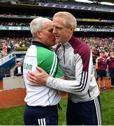 3 July 2022; Limerick manager John Kiely, left, and Galway manager Henry Shefflin shake hands after the GAA Hurling All-Ireland Senior Championship Semi-Final match between Limerick and Galway at Croke Park in Dublin. Photo by David Fitzgerald/Sportsfile