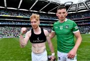 3 July 2022; Limerick players Cian Lynch and Gearóid Hegarty after their side's victory in the GAA Hurling All-Ireland Senior Championship Semi-Final match between Limerick and Galway at Croke Park in Dublin. Photo by Sam Barnes/Sportsfile