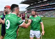 3 July 2022; Peter Casey of Limerick, right, celebrates with team-mate Darragh O'Donovan after their side's victory in the GAA Hurling All-Ireland Senior Championship Semi-Final match between Limerick and Galway at Croke Park in Dublin. Photo by Sam Barnes/Sportsfile