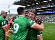 3 July 2022; Peter Casey of Limerick, right, celebrates with team-mate Darragh O'Donovan after their side's victory in the GAA Hurling All-Ireland Senior Championship Semi-Final match between Limerick and Galway at Croke Park in Dublin. Photo by Sam Barnes/Sportsfile