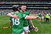 3 July 2022; Declan Hannon of Limerick, right, celebrates with team-mate Peter Casey after their side's victory in the GAA Hurling All-Ireland Senior Championship Semi-Final match between Limerick and Galway at Croke Park in Dublin. Photo by Sam Barnes/Sportsfile