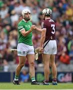 3 July 2022; Aaron Gillane of Limerick and Daithí Burke of Galway shakes hands after the GAA Hurling All-Ireland Senior Championship Semi-Final match between Limerick and Galway at Croke Park in Dublin. Photo by Stephen McCarthy/Sportsfile
