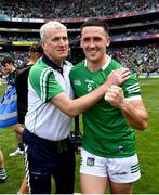3 July 2022; Darragh O'Donovan of Limerick is congratulated by manager John Kiely after the GAA Hurling All-Ireland Senior Championship Semi-Final match between Limerick and Galway at Croke Park in Dublin. Photo by David Fitzgerald/Sportsfile