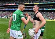 3 July 2022; Limerick players Kyle Hayes, right, and Gearóid Hegarty celebrate after their side's victory in the GAA Hurling All-Ireland Senior Championship Semi-Final match between Limerick and Galway at Croke Park in Dublin. Photo by Sam Barnes/Sportsfile