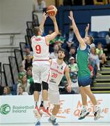 3 July 2022; Roberto Kovac of Switzerland in action against Sean Flood of Ireland during the FIBA EuroBasket 2025 Pre-Qualifier First Round Group A match between Ireland and Switzerland at National Basketball Arena in Dublin. Photo by Ramsey Cardy/Sportsfile