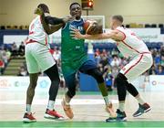 3 July 2022; Taiwo Badmus of Ireland in action against Boris Mbala, left, and Killian Martin of Switzerland during the FIBA EuroBasket 2025 Pre-Qualifier First Round Group A match between Ireland and Switzerland at National Basketball Arena in Dublin. Photo by Ramsey Cardy/Sportsfile