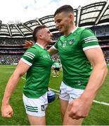 3 July 2022; Mike Casey, left, and Gearóid Hegarty of Limerick celebrate after the GAA Hurling All-Ireland Senior Championship Semi-Final match between Limerick and Galway at Croke Park in Dublin. Photo by David Fitzgerald/Sportsfile