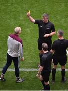 3 July 2022; Referee Thomas Walsh shows Galway manager Henry Shefflin a yellow card during the GAA Hurling All-Ireland Senior Championship Semi-Final match between Limerick and Galway at Croke Park in Dublin. Photo by Daire Brennan/Sportsfile