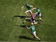3 July 2022; Tom Monaghan of Galway in action against Limerick players, left to right, William O'Donoghue, Tom Morrissey, and Declan Hannon during the GAA Hurling All-Ireland Senior Championship Semi-Final match between Limerick and Galway at Croke Park in Dublin. Photo by Daire Brennan/Sportsfile