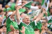 3 July 2022; Limerick supporter celebrate during the GAA Hurling All-Ireland Senior Championship Semi-Final match between Limerick and Galway at Croke Park in Dublin. Photo by Stephen McCarthy/Sportsfile