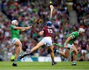 3 July 2022; Aaron Gillane of Limerick in action against Johnny Coen of Galway during the GAA Hurling All-Ireland Senior Championship Semi-Final match between Limerick and Galway at Croke Park in Dublin. Photo by Stephen McCarthy/Sportsfile